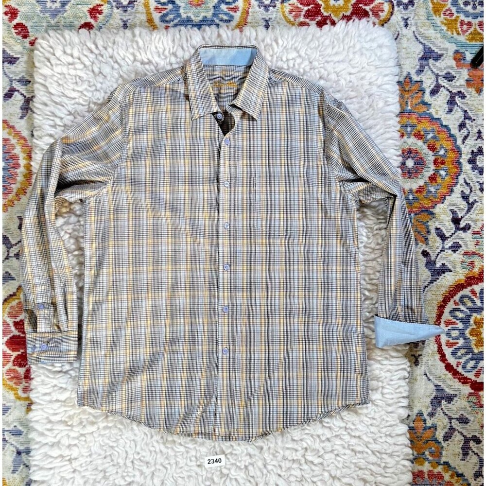 Tasso Elba Mens Shirts Lg 16-16.5 Blue Brown Button Up Plaid Contrast Cuff
